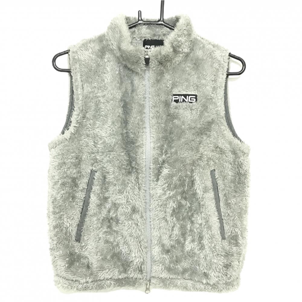 【超美品】ピン ボアベスト グレー 胸ロゴ刺しゅう ダブルジップ レディース S ゴルフウェア PING