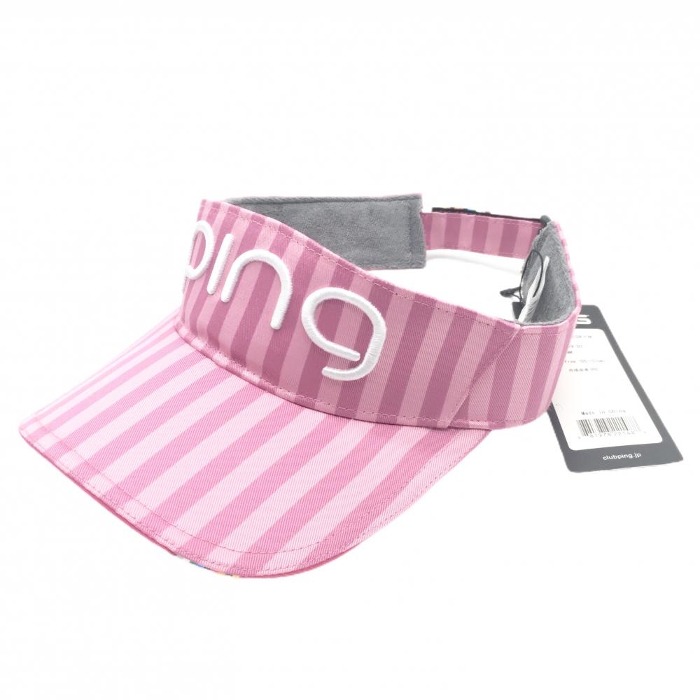 【新品】ピン サンバイザー ピンク×白 ストライプ 立体ロゴ刺しゅう レディース フリー ゴルフウェア PING