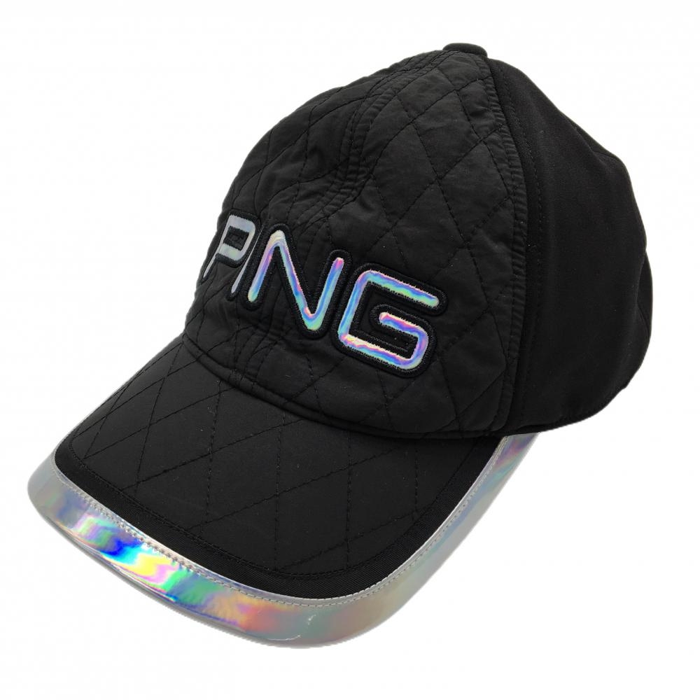 【超美品】ピン キャップ 黒×シルバー 一部キルティング 裏起毛 ONE SIZE　FITS ALL  ゴルフウェア PING