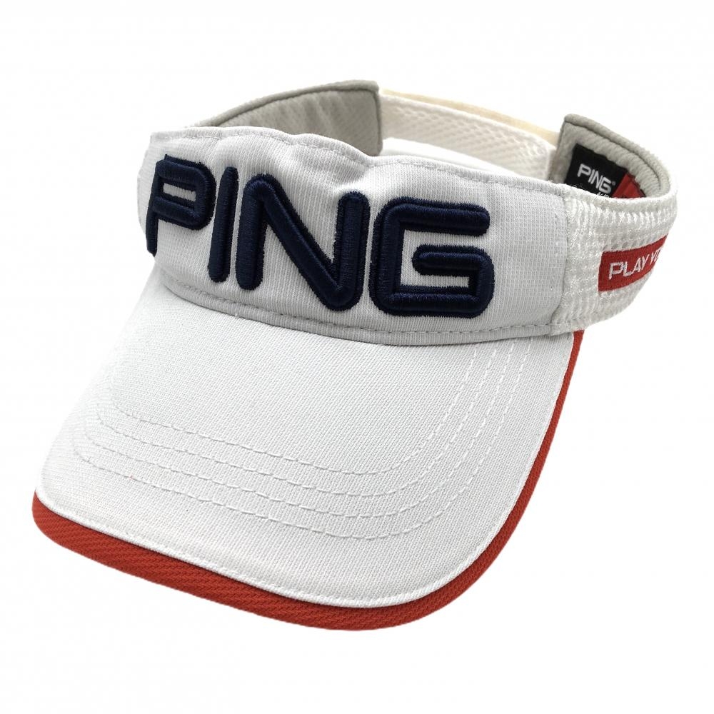 【美品】ピン サンバイザー 白×ネイビー 立体ロゴ刺しゅう フリー（57-59㎝）  ゴルフウェア PING