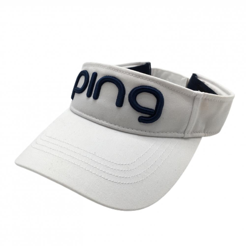 【美品】ピン サンバイザー 白×ネイビー 立体ロゴ  ONE SIZE FITS ALL  ゴルフウェア PING