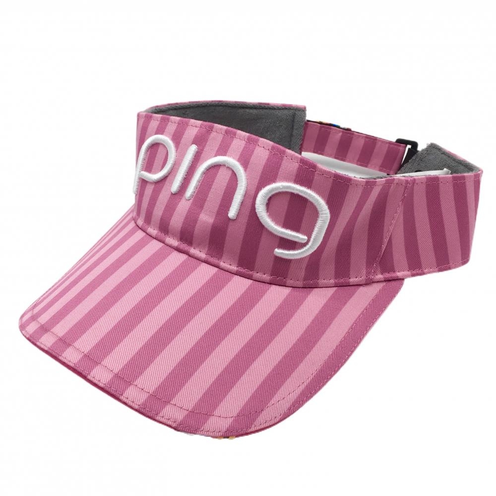 【新品】ピン サンバイザー ピンク ストライプ ロゴ刺しゅう  56cm フリー   ゴルフウェア PING