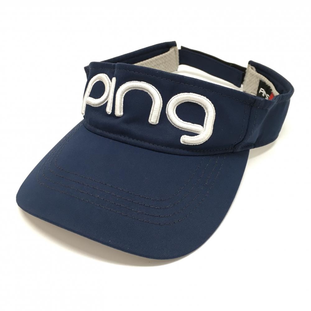 【美品】ピン サンバイザー ネイビー×白 立体ロゴ刺しゅう ONE　SIZE　FITS　ALL   ゴルフウェア PING