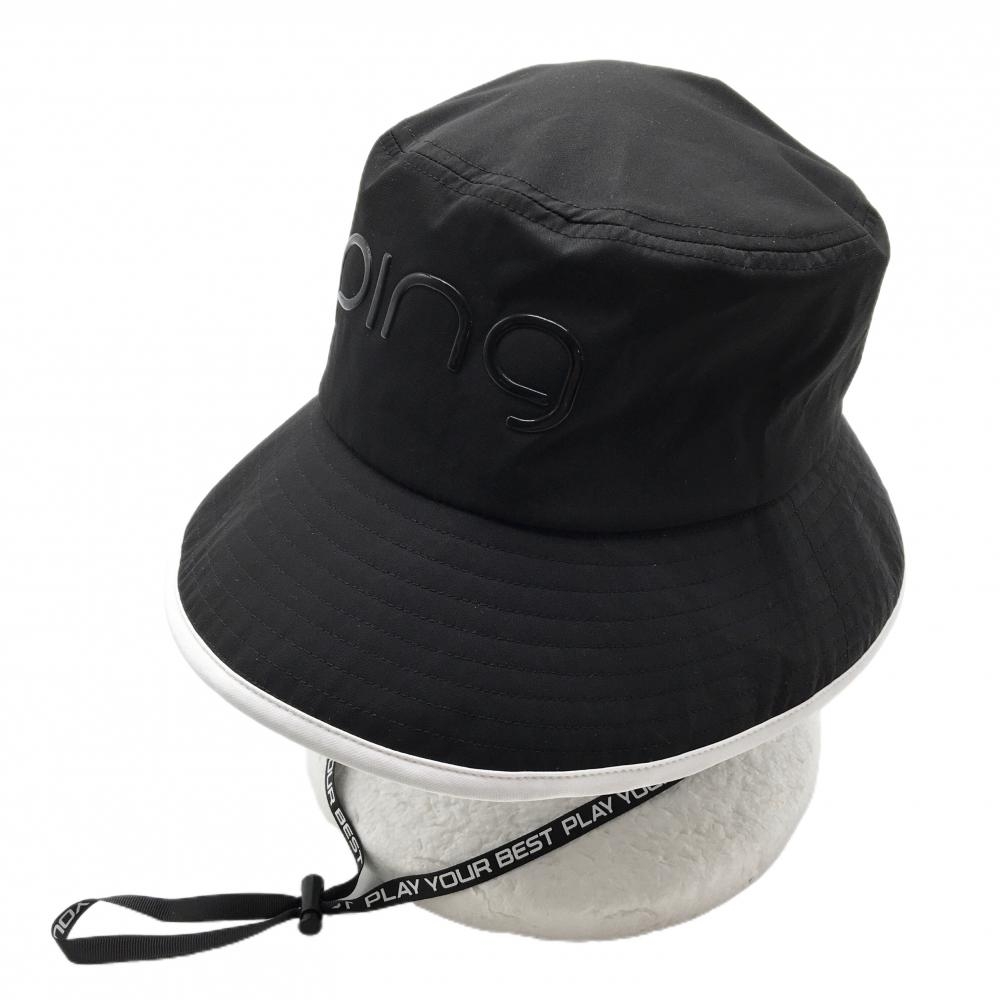 【超美品】ピン バケットハット 黒×白 縁ライン ロゴ 紐着脱可 ONE SIZE FITS ALL   ゴルフウェア PING