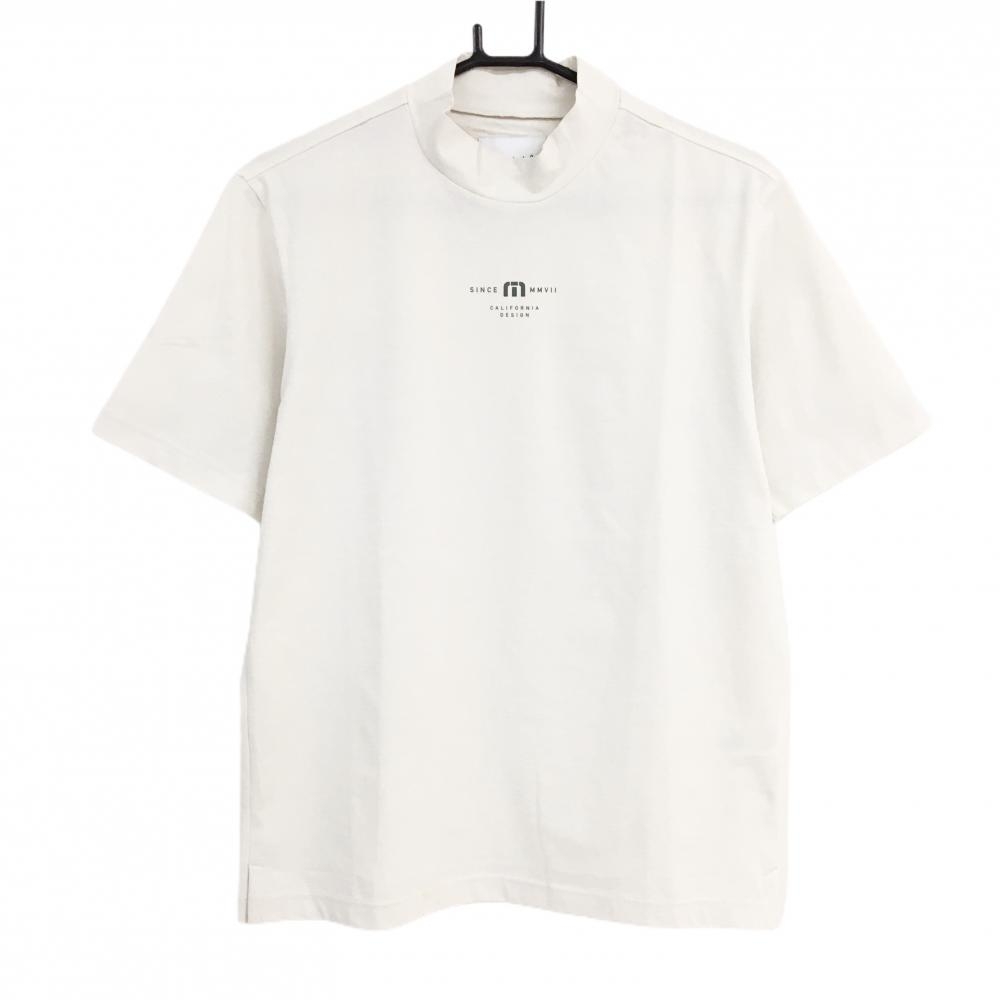 【美品】トラヴィスマシュー 半袖ハイネックシャツ アイボリー バックロゴ刺しゅう メンズ M ゴルフウェア TravisMathew