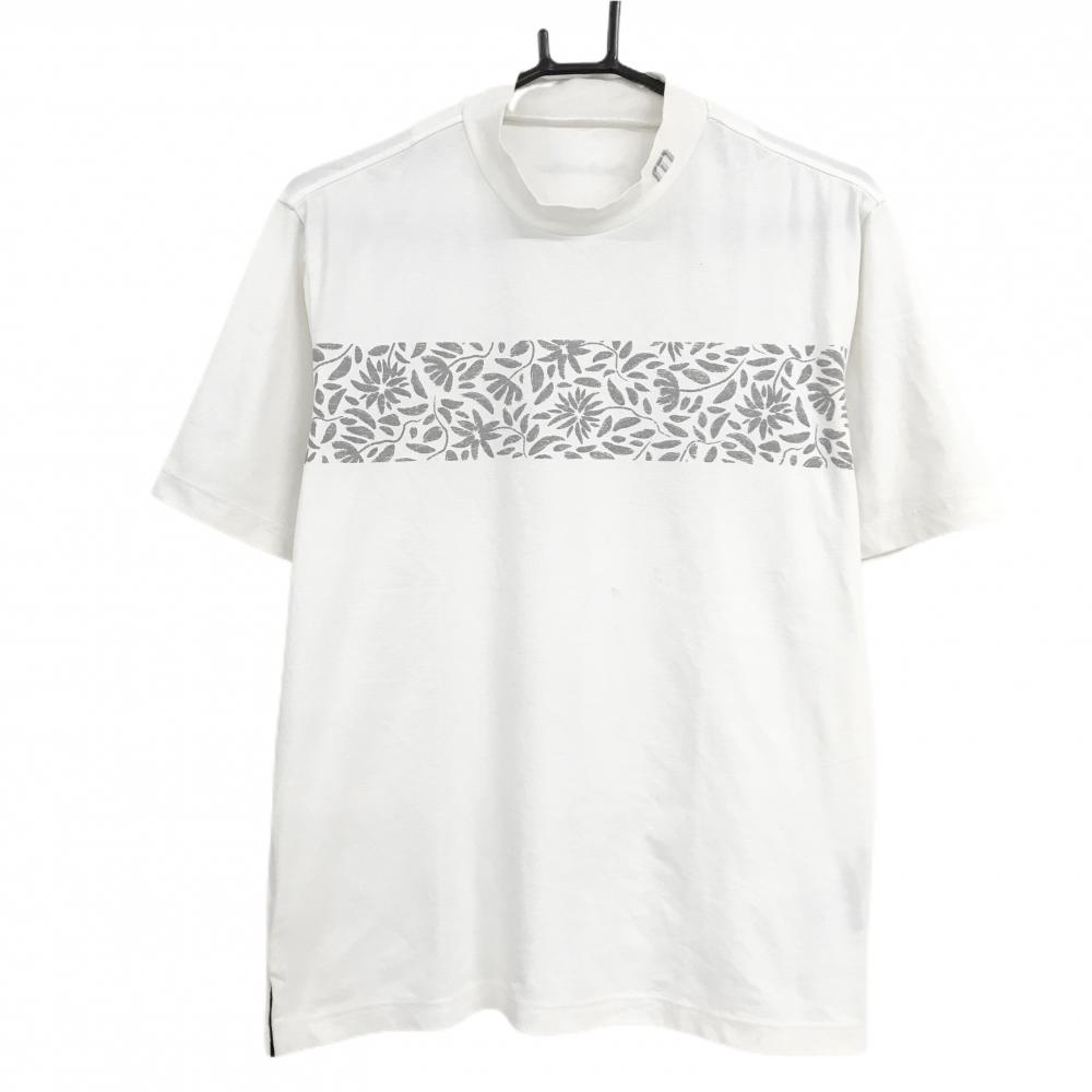 【美品】トラヴィスマシュー 半袖ハイネックシャツ 白×グレー 胸元花柄ライン メンズ M ゴルフウェア TravisMathew