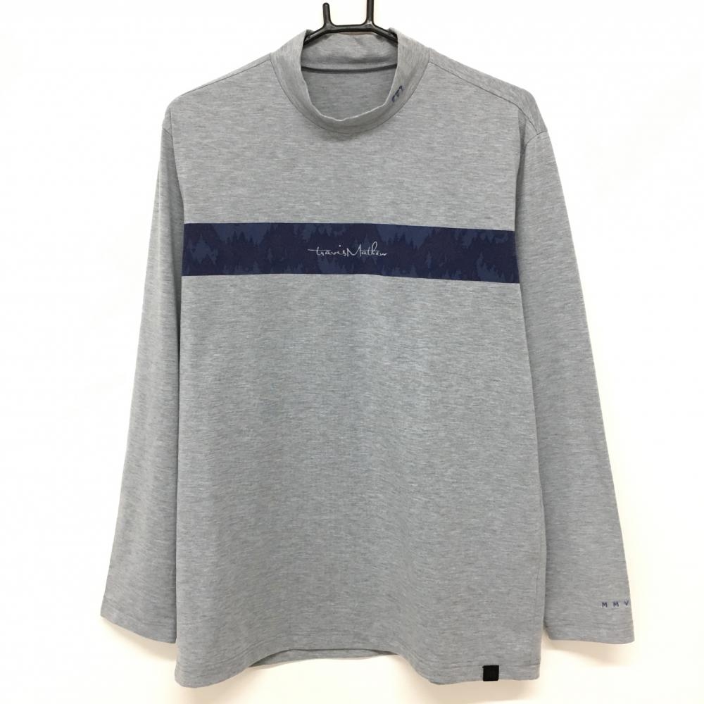 【美品】トラヴィスマシュー 長袖ハイネックシャツ グレー×ネイビー 胸元ライン  メンズ XL ゴルフウェア TravisMathew