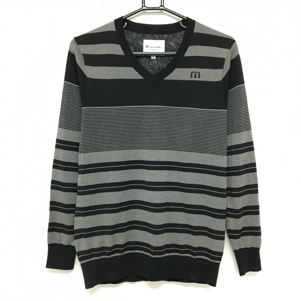 【超美品】トラヴィスマシュー セーター 杢グレー×黒 ボーダー Vネック ニット メンズ M ゴルフウェア TravisMathew
