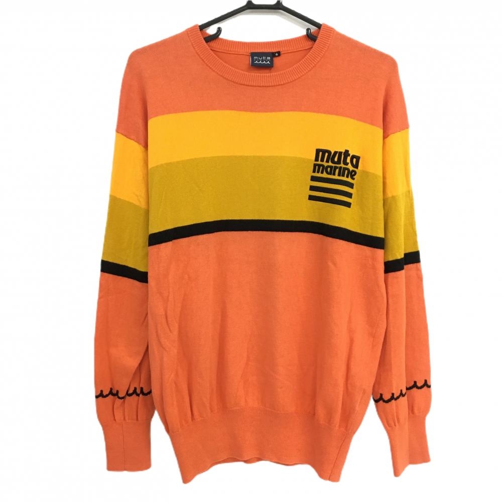 【超美品】ムータマリン セーター オレンジ×イエローオレンジ ロゴ刺しゅう カシミヤ混 メンズ 4(S) ゴルフウェア muta