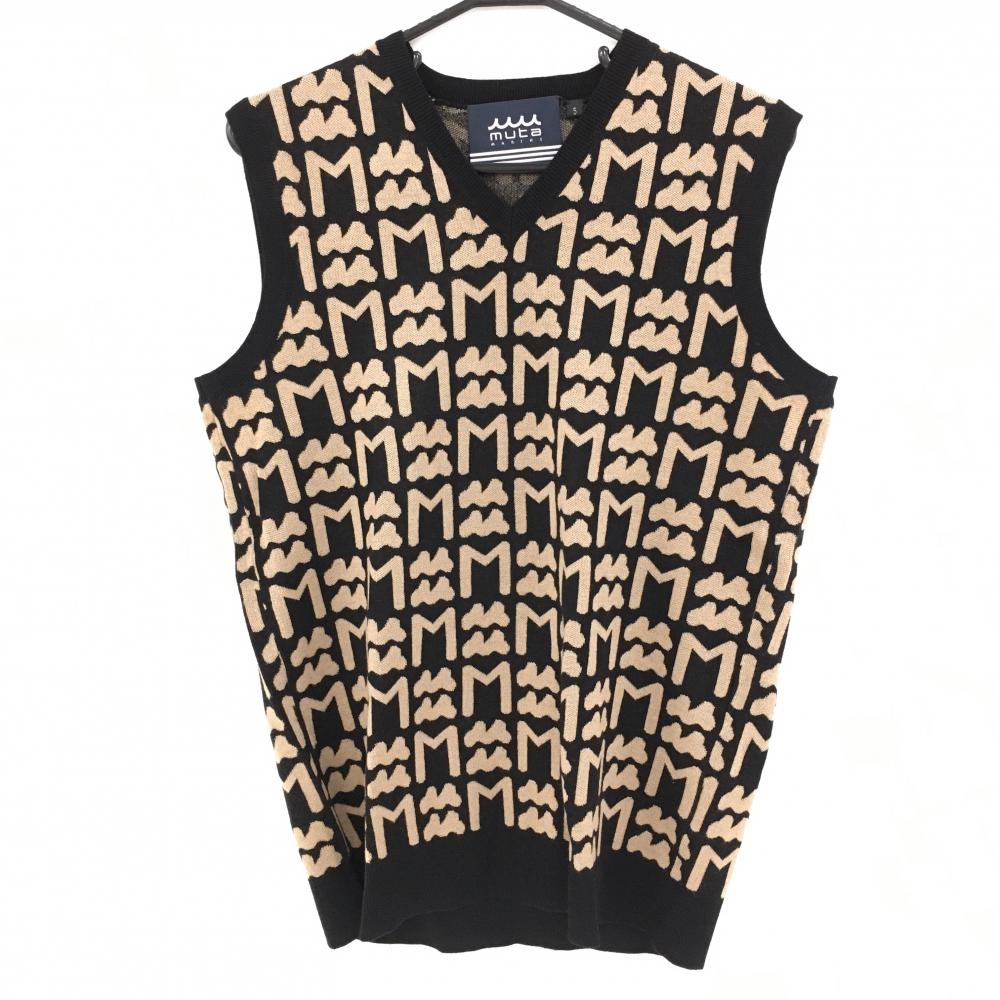 【美品】ムータマリン ニットベスト 黒×ベージュ 総柄 ウール混 Vネック メンズ 5(M) ゴルフウェア muta