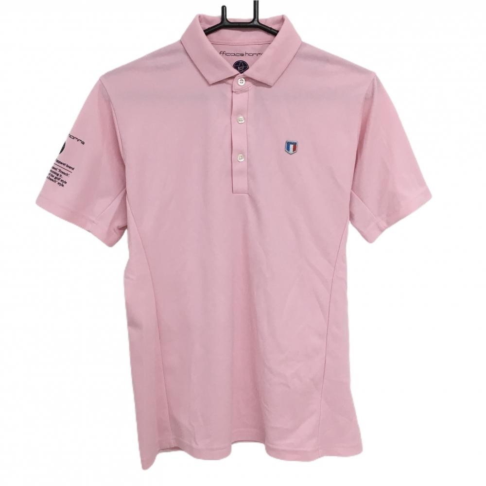 【超美品】エフィカスオム 半袖ポロシャツ ライトピンク×ネイビー 袖ロゴプリント メンズ M ゴルフウェア efficace
