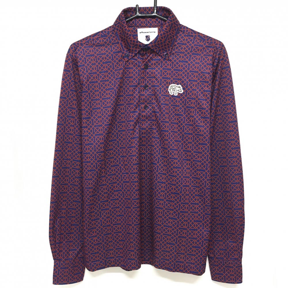 【超美品】エフィカス 長袖ポロシャツ ネイビー×レッド 総柄 胸ワッペン ボタンダウン メンズ 2(M) ゴルフウェア efficace