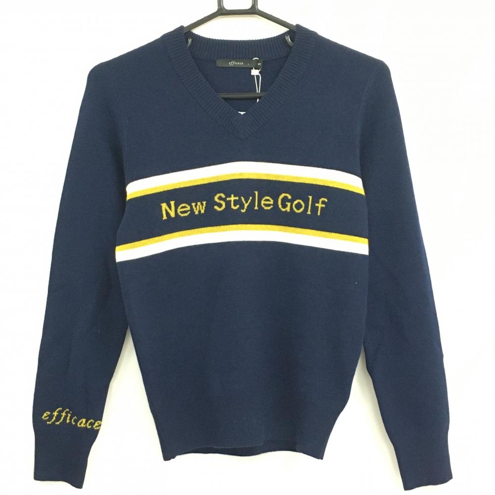 【新品】エフィカス セーター ネイビー×イエロー ニット ウール混 Vネック レディース S ゴルフウェア efficace