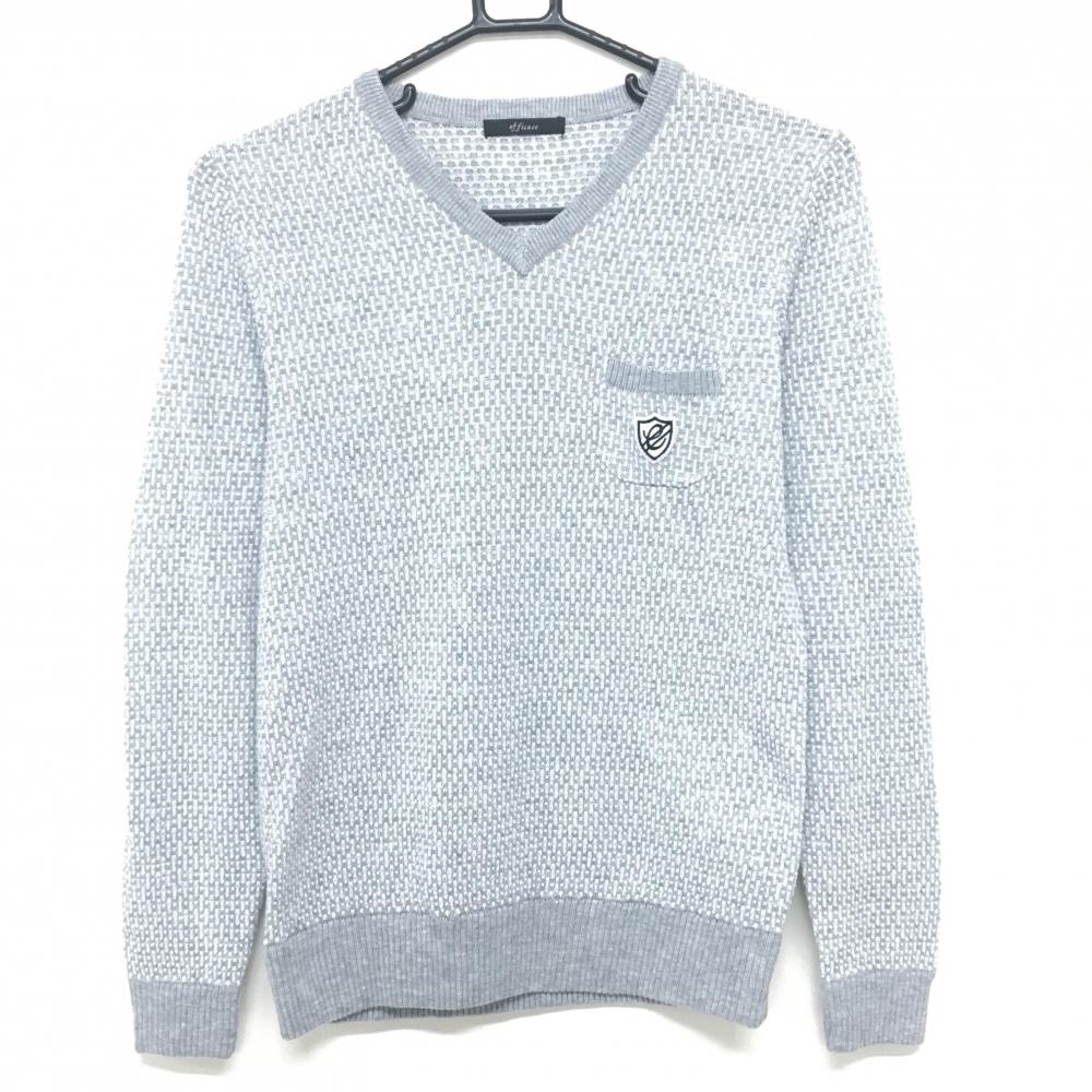 【超美品】エフィカス セーター グレー×白 Vネック 胸ポケット ニット レディース M ゴルフウェア efficace