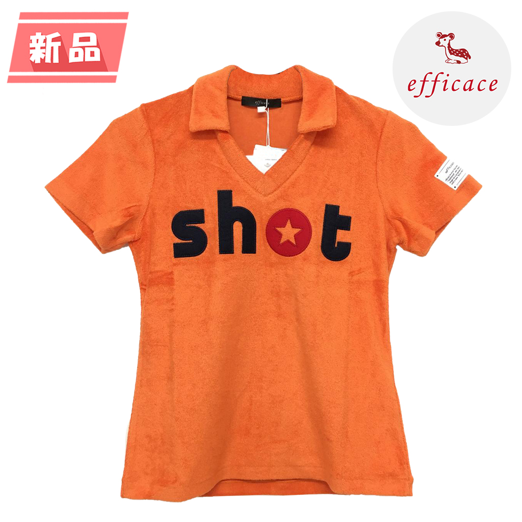 【新品】エフィカス 半袖スキッパーシャツ オレンジ×ネイビー パイル地 フロントワッペン レディース S ゴルフウェア efficace