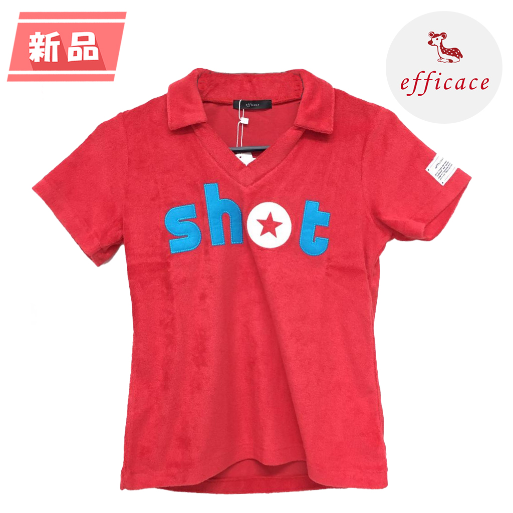 【新品】エフィカス 半袖スキッパーシャツ レッド×ライトブルー パイル地 フロントワッペン レディース M ゴルフウェア efficace