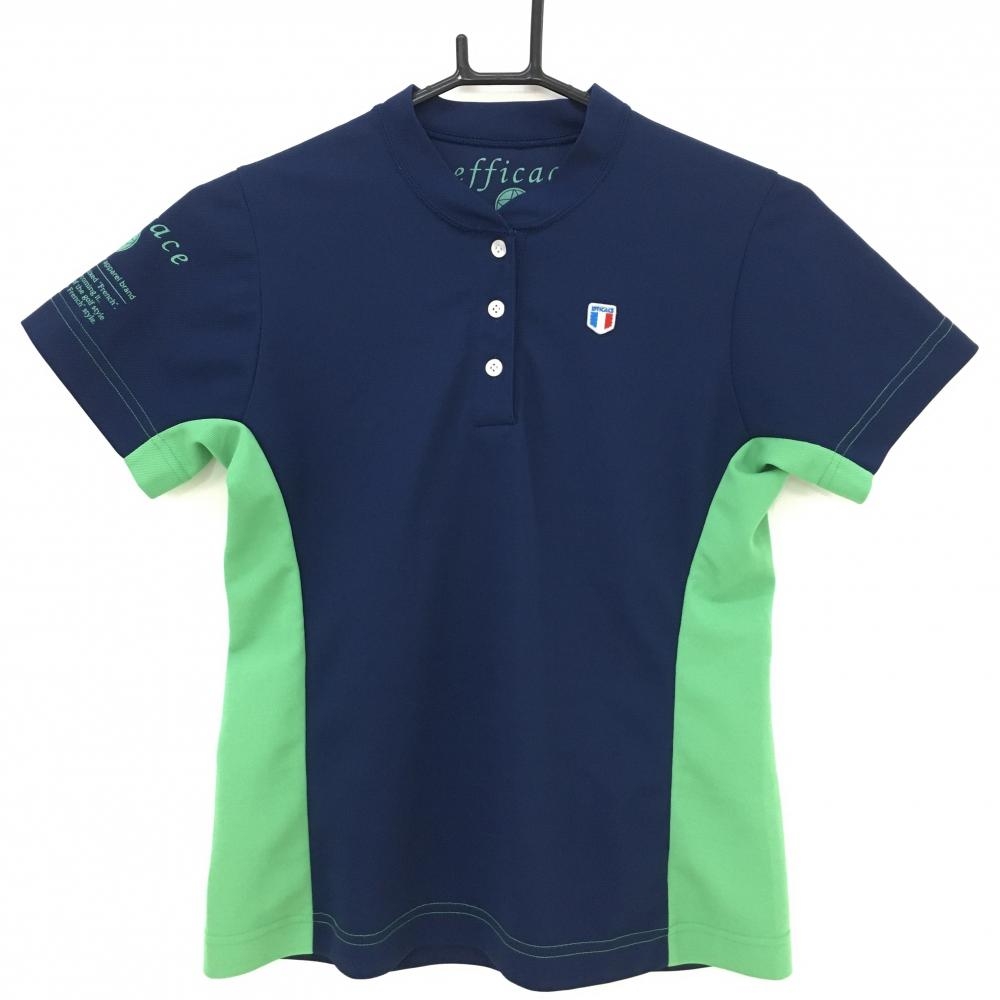 【美品】エフィカス 半袖ポロシャツ ネイビー×グリーン 袖ロゴ スタンド襟  レディース M ゴルフウェア efficace