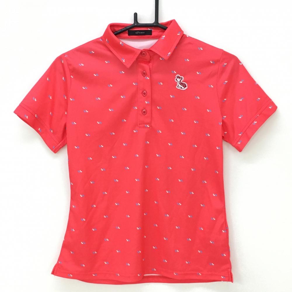 【超美品】エフィカス 半袖ポロシャツ レッドピンク×白 鹿総柄 胸元ワッペン  レディース M ゴルフウェア efficace
