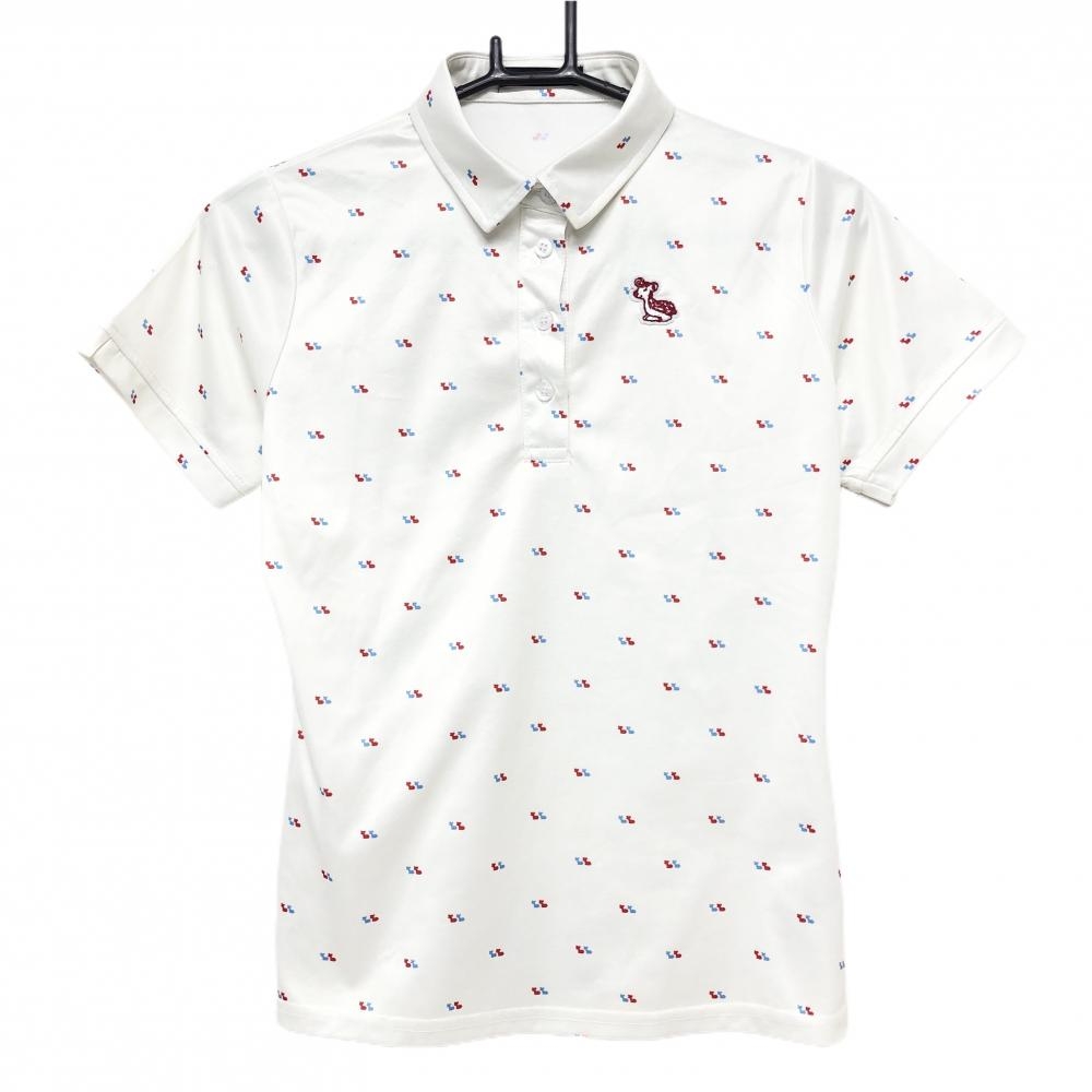 【美品】エフィカス 半袖ポロシャツ 白×レッド ロゴ総柄 胸元ワッペン レディース M ゴルフウェア efficace