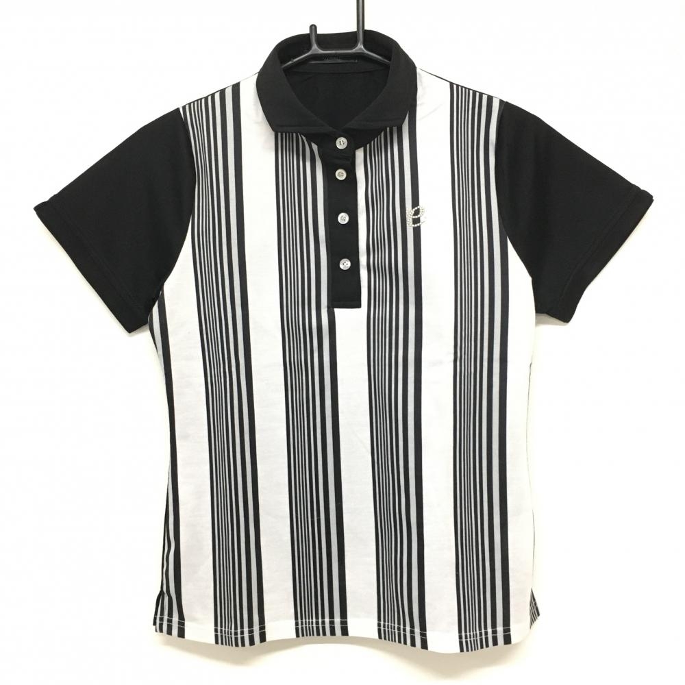 【美品】エフィカス 半袖ポロシャツ 黒×白 ストライプ ロゴ刺しゅう  レディース M ゴルフウェア efficace