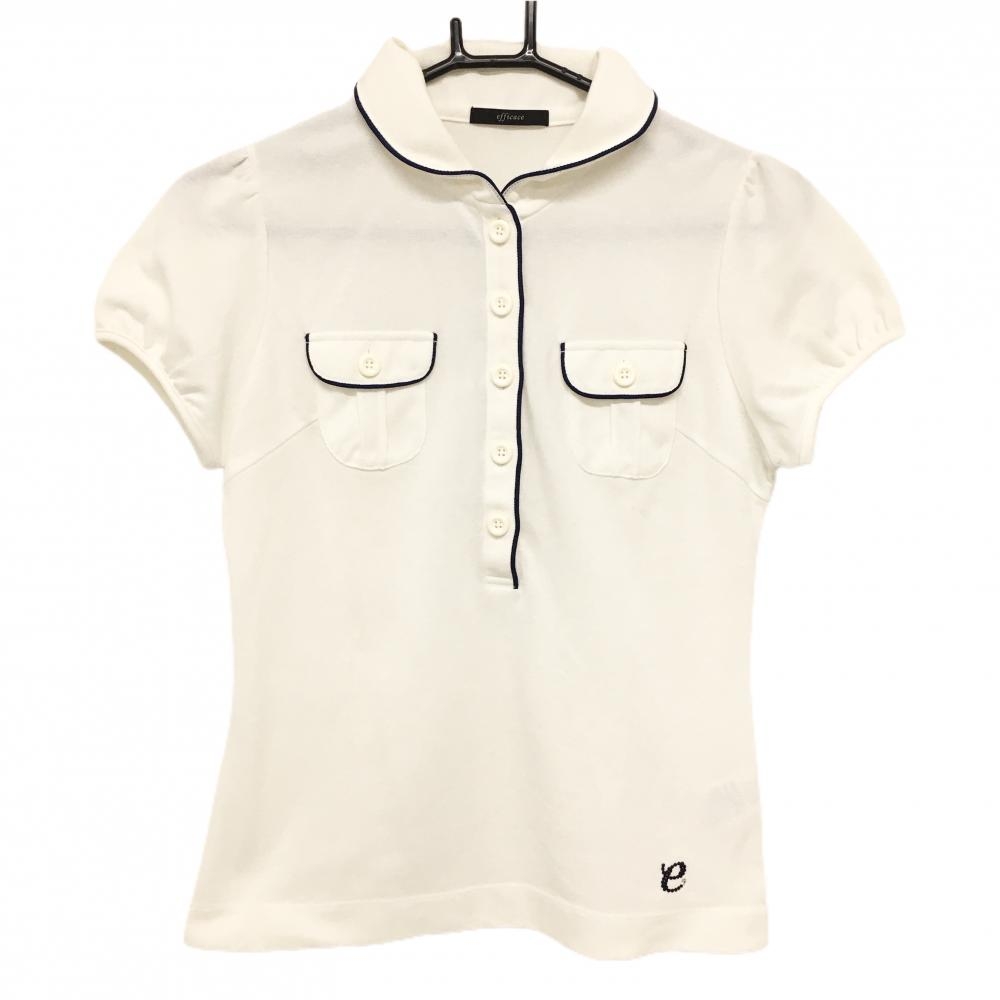 【超美品】エフィカス 半袖ポロシャツ 白 パイピングネイビー 胸ポケット レディース 2(M) ゴルフウェア efficace