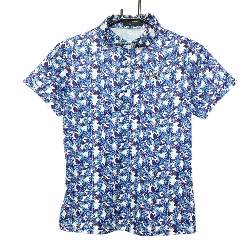 【美品】エフィカス 半袖ポロシャツ 白×ブルー ハイビスカス総柄 レディース M ゴルフウェア efficace