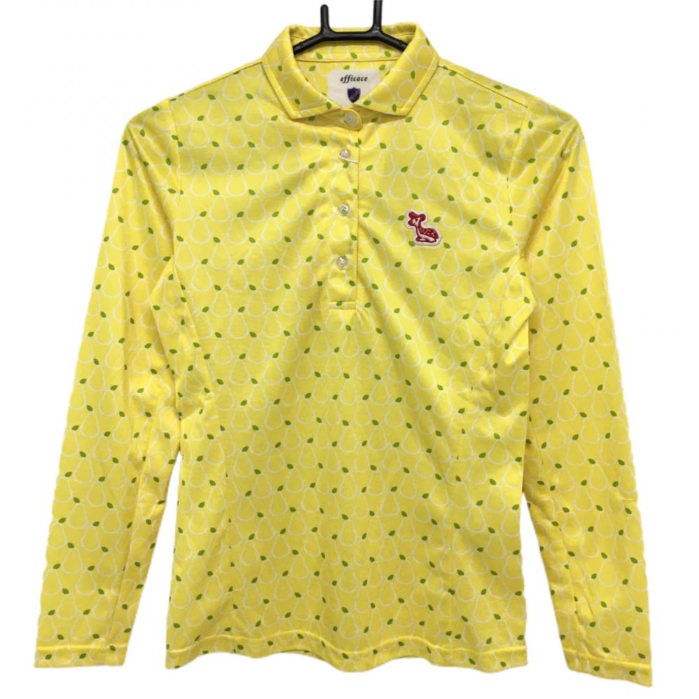 【新品】エフィカス 長袖ポロシャツ イエロー×白 梨柄 ムーヴフィッティング レディース S ゴルフウェア efficace