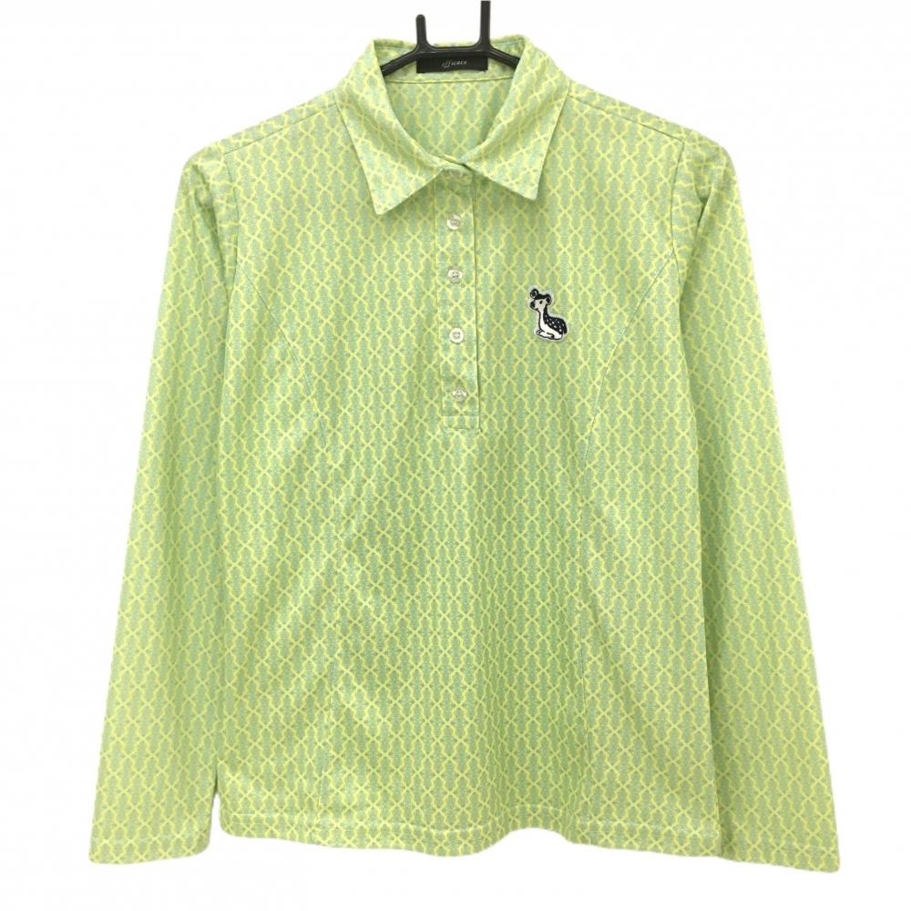 【超美品】エフィカス 長袖ポロシャツ イエロー×ライトブルー 総柄 レディース L ゴルフウェア efficace