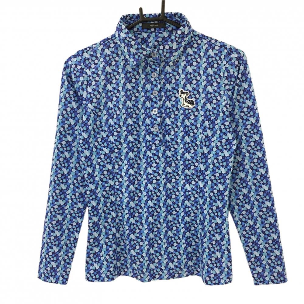 【超美品】エフィカス 長袖ポロシャツ ネイビー×ブルー 小花柄 胸元ワッペン  レディース M ゴルフウェア efficace