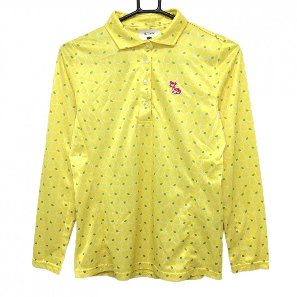 【超美品】エフィカス 長袖ポロシャツ イエロー×ライトグリーン ラフランス柄 洋梨 胸元ワッペン レディース 3(L) ゴルフウェア efficace