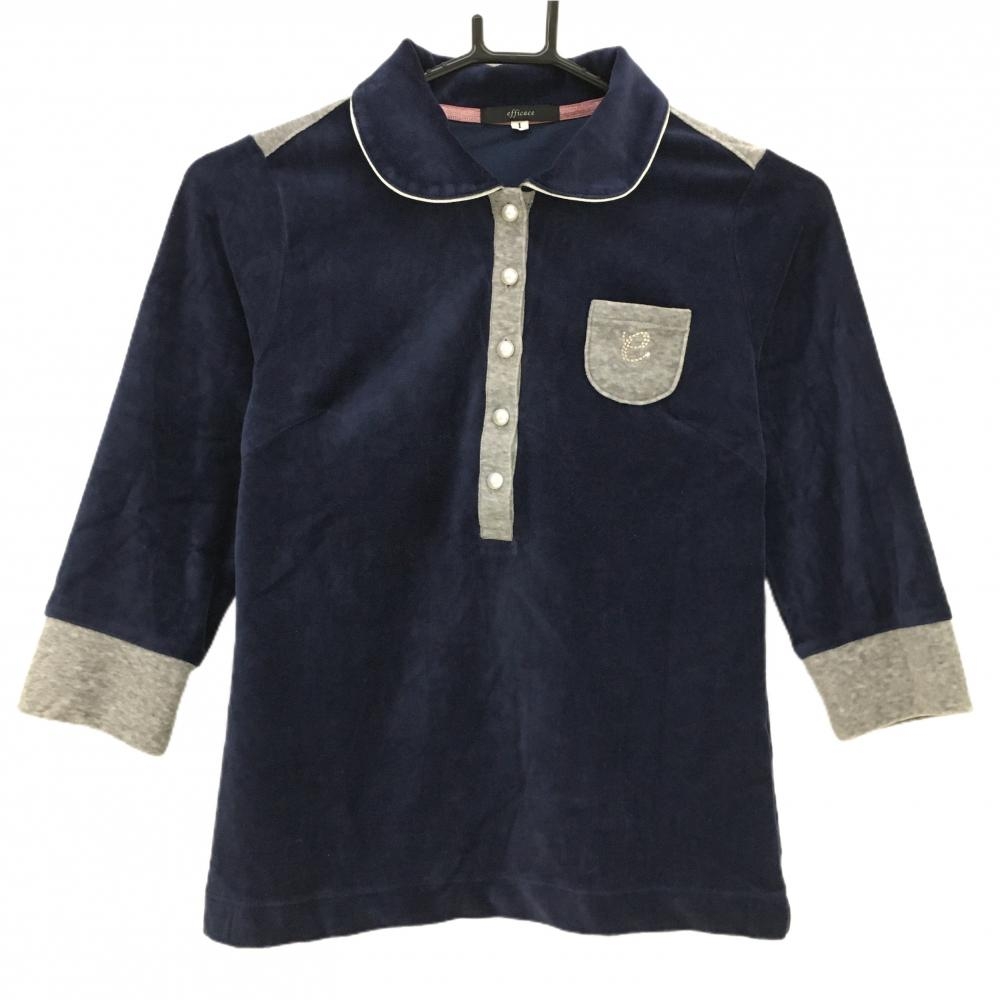 【美品】エフィカス 長袖ポロシャツ ネイビー×グレー ベロア生地 パールボタン ラインストーン  レディース 1(S) ゴルフウェア efficace
