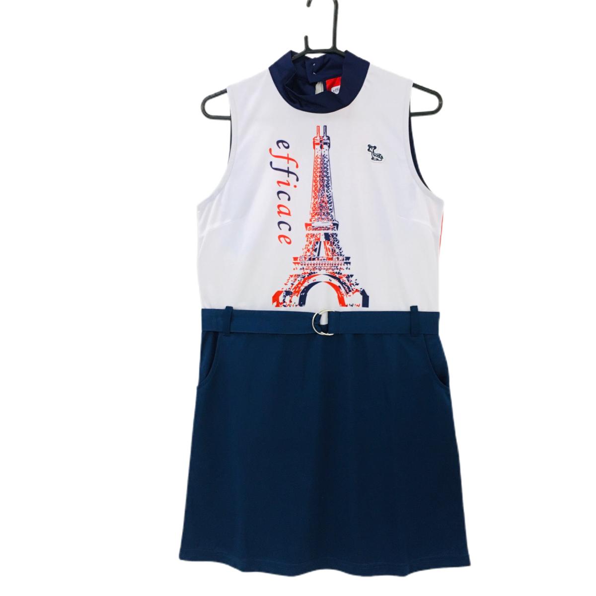 【新品】エフィカス 切替ノースリーブワンピース 白×ネイビー レディース 2 ゴルフウェア efficace