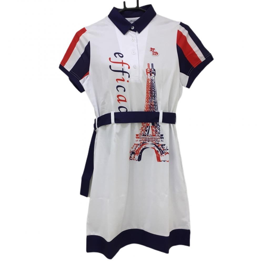 【新品】エフィカス 半袖ポロワンピース 白×パープル ダブルエッフェル ベルト・インナーパンツ付き レディース M ゴルフウェア efficace