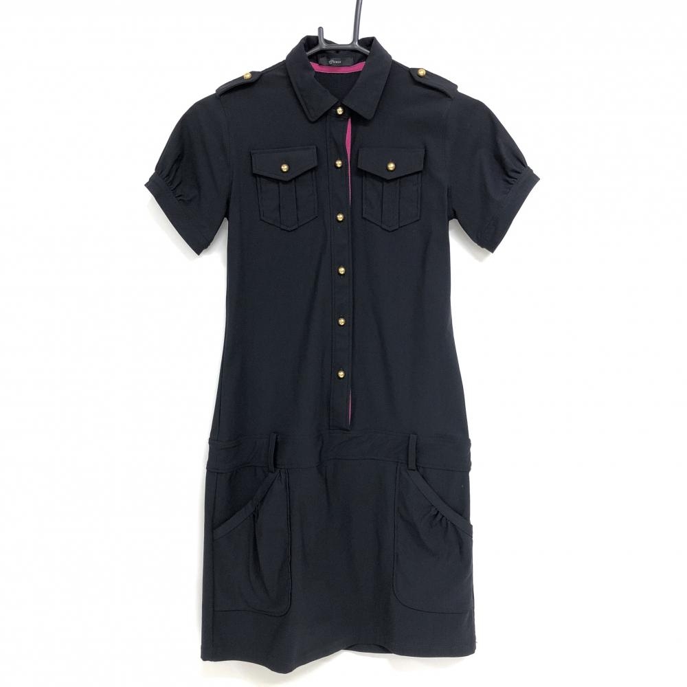 【美品】エフィカス 半袖ポロワンピース 黒 ゴールドボタン 無地 胸ポケット  レディース 1(S) ゴルフウェア efficace