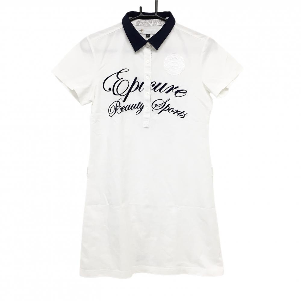 【美品】エフィカス ワンピース 白×ネイビー 胸刺しゅう  レディース M ゴルフウェア efficace