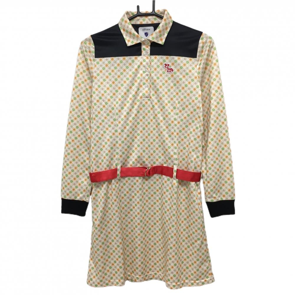 【超美品】エフィカス 長袖ポロワンピース アイボリー×ライトグリーン 花柄 ベルト付き レディース 3(L) ゴルフウェア efficace
