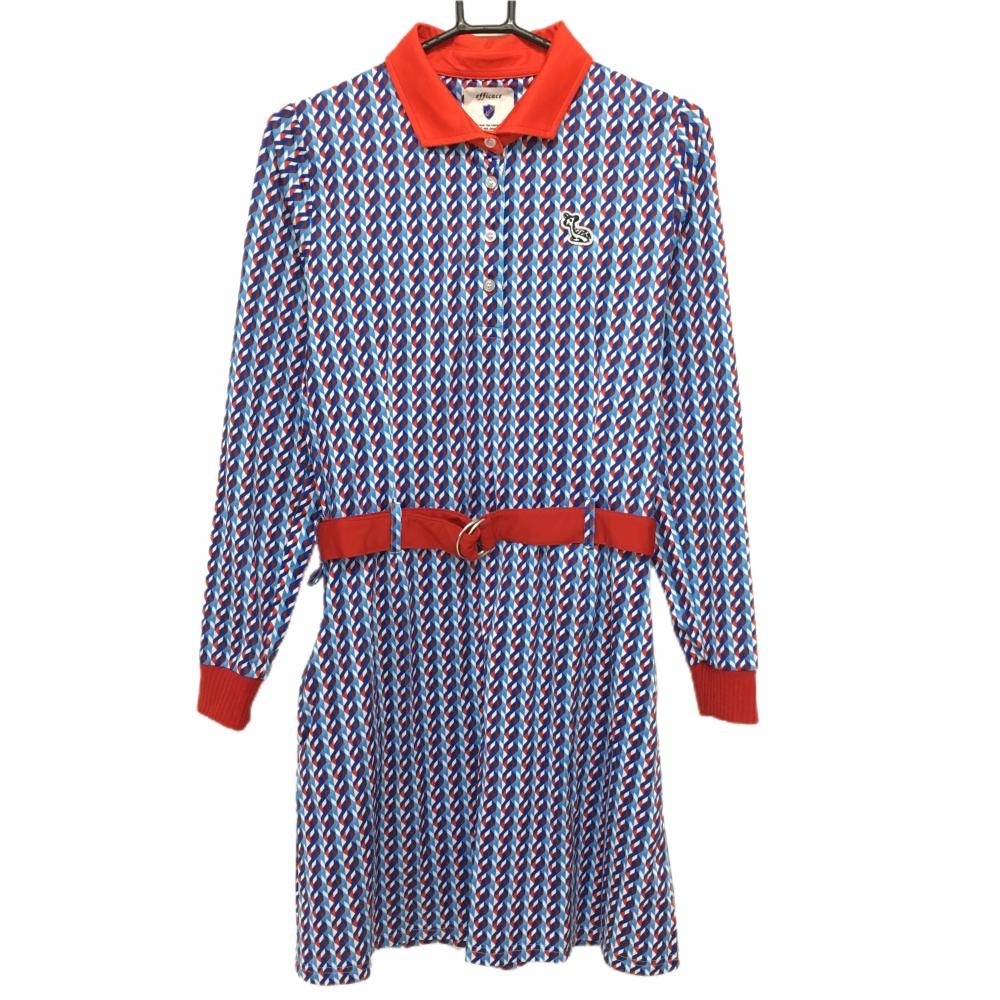 【超美品】エフィカス 長袖ポロワンピース ライトブルー×レッド 総柄 ベルト付き レディース 4(XL) ゴルフウェア efficace