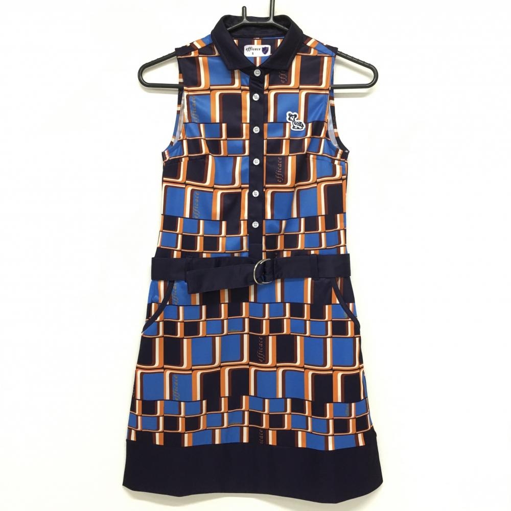 【超美品】エフィカス ノースリーブポロワンピース パープル×オレンジ 総柄 ロゴワッペン  レディース S ゴルフウェア efficace