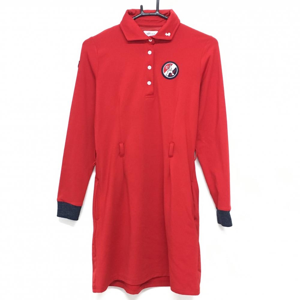 【美品】エフィカス 長袖ポロワンピース レッド 裏起毛 胸ワッペン  レディース 2(M) ゴルフウェア efficace