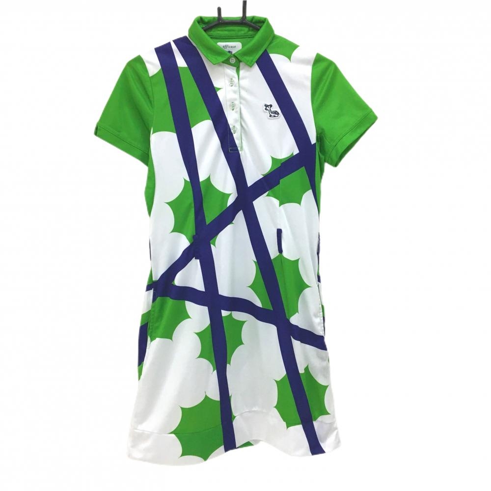 【美品】エフィカス 半袖ポロワンピース 白×グリーン 総柄 レディース 2(M) ゴルフウェア efficace