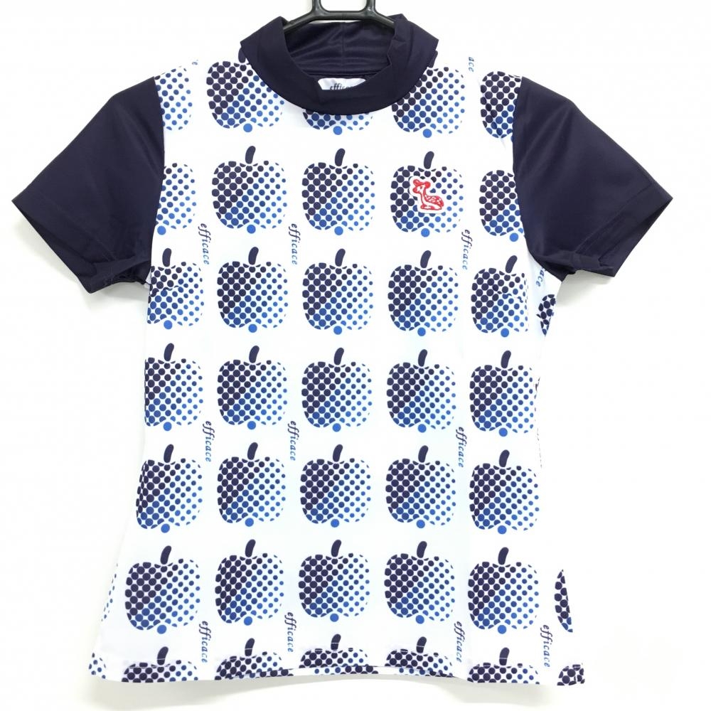 【新品】エフィカス 半袖ハイネックシャツ 白×ネイビー ドットアップル柄 レディース S ゴルフウェア efficace