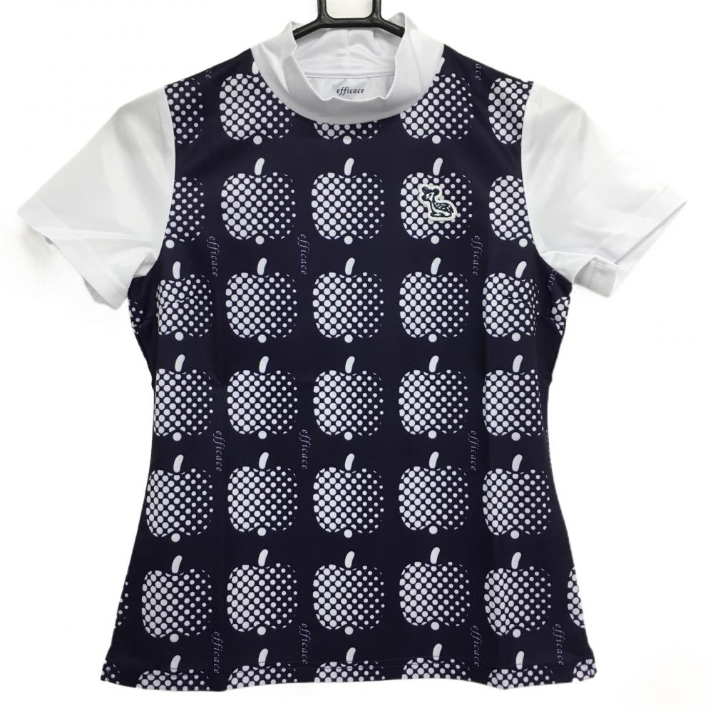 【新品】エフィカス 半袖ハイネックシャツ ネイビー×白 ドットアップル柄  レディース S ゴルフウェア efficace