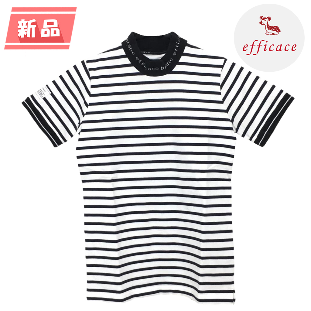 【新品】エフィカスブラン 半袖ハイネックシャツ 白×黒 ボーダー 綿100％ レディース L ゴルフウェア efficace