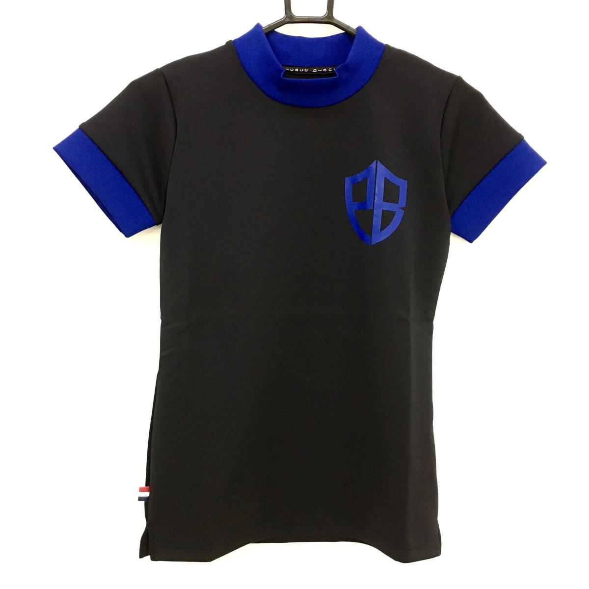 【新品】エフィカスブラン 半袖ハイネックシャツ 黒×ブルー ストレッチ プリント レディース S ゴルフウェア efficace