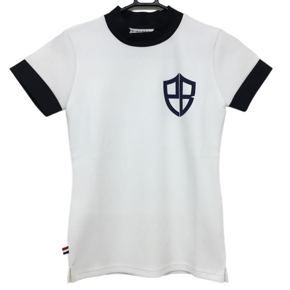 【新品】エフィカスブラン 半袖ハイネックシャツ 白×ダークネイビー ストレッチ プリント  レディース S ゴルフウェア efficace