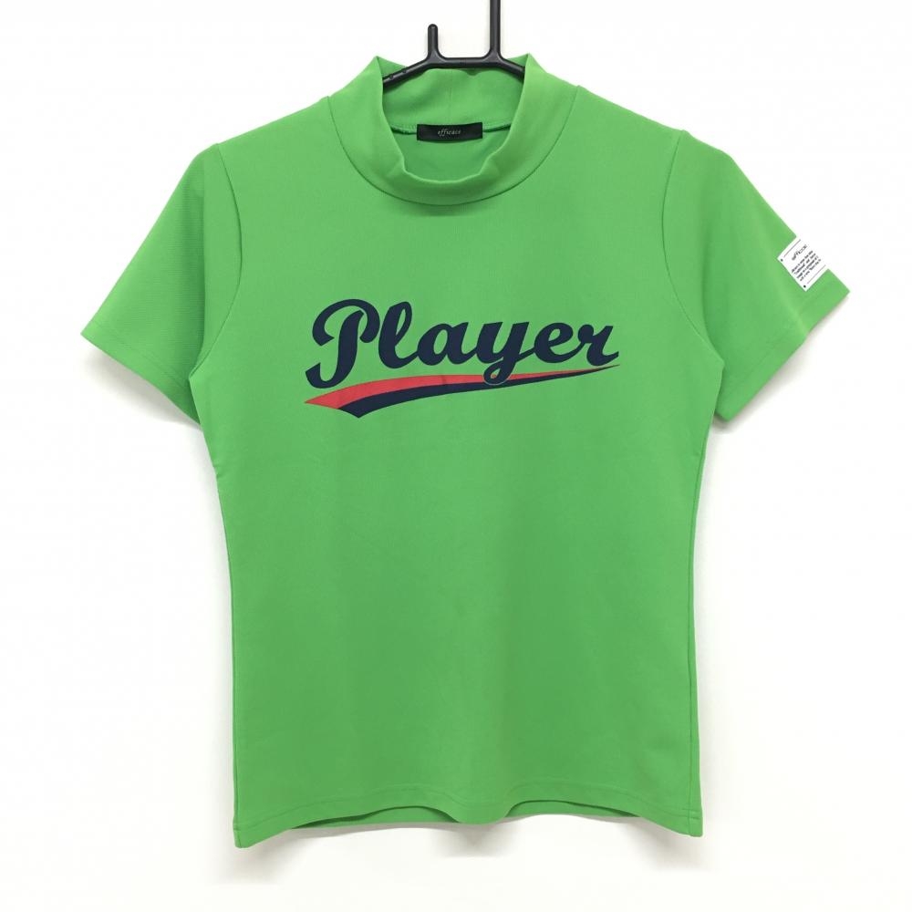 【超美品】エフィカス 半袖ハイネックシャツ グリーン×ネイビー 胸プリント レディース L ゴルフウェア efficace