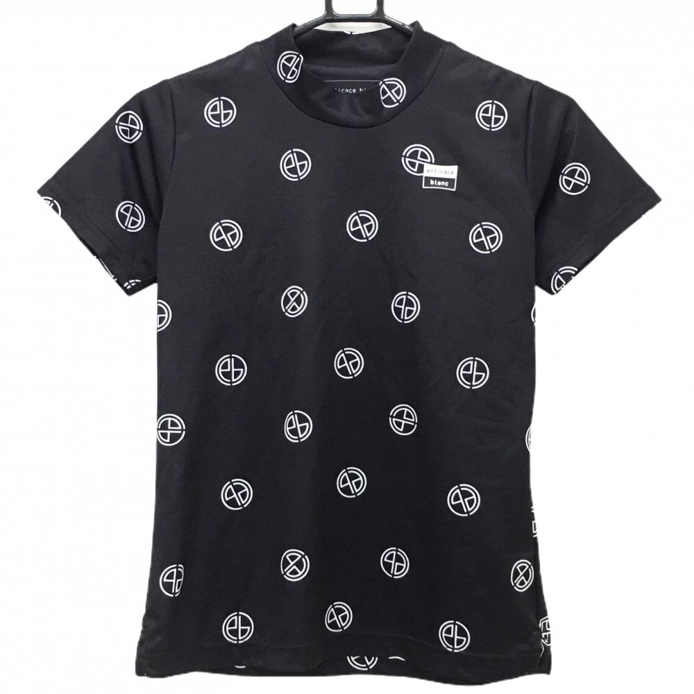 【美品】エフィカス 半袖ハイネックシャツ 黒×白 総柄 レディース M ゴルフウェア efficace