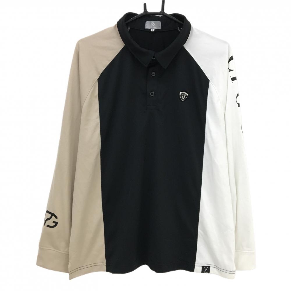 【美品】CPG 長袖ポロシャツ 黒×白×ベージュ 袖ロゴプリント メンズ 4(XL) ゴルフウェア 2024年モデル CPG