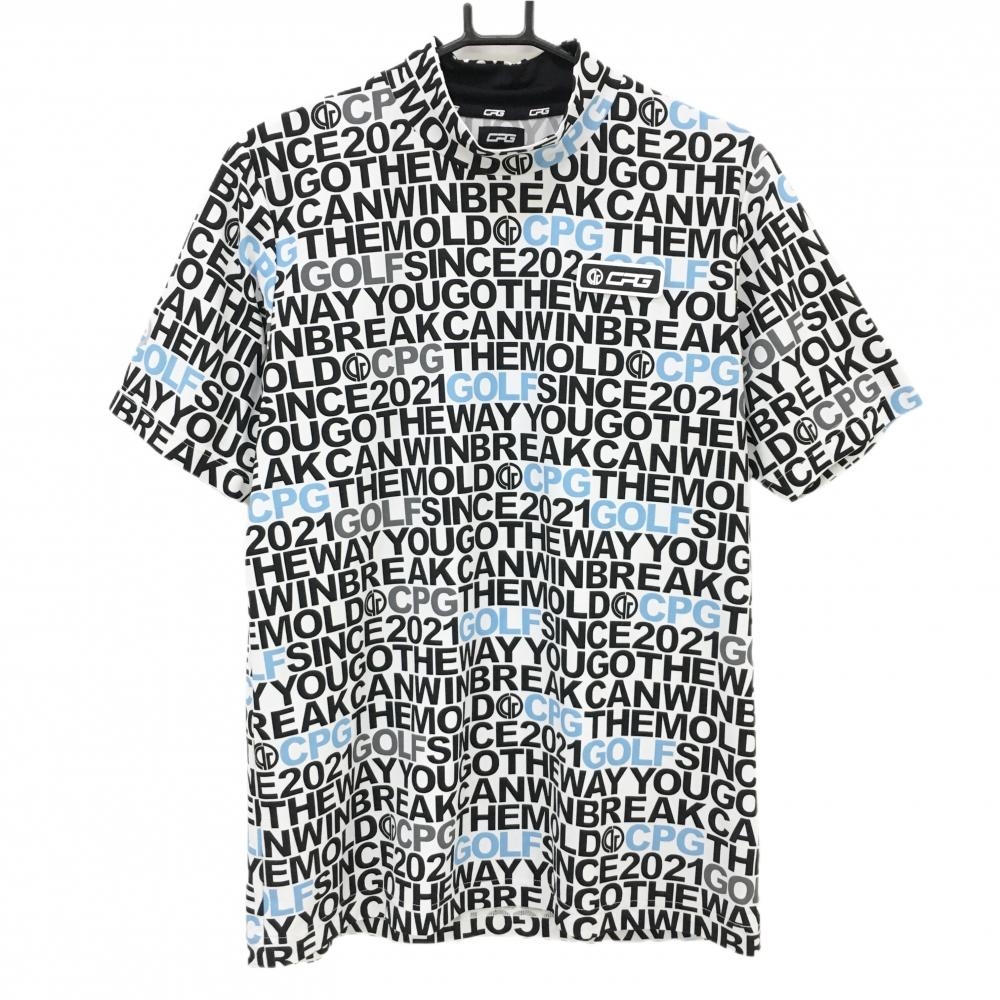 【超美品】CPG 半袖ハイネックシャツ 白×黒 ロゴ総柄 シリコンワッペン メンズ 3(L) ゴルフウェア 2023年モデル CPG