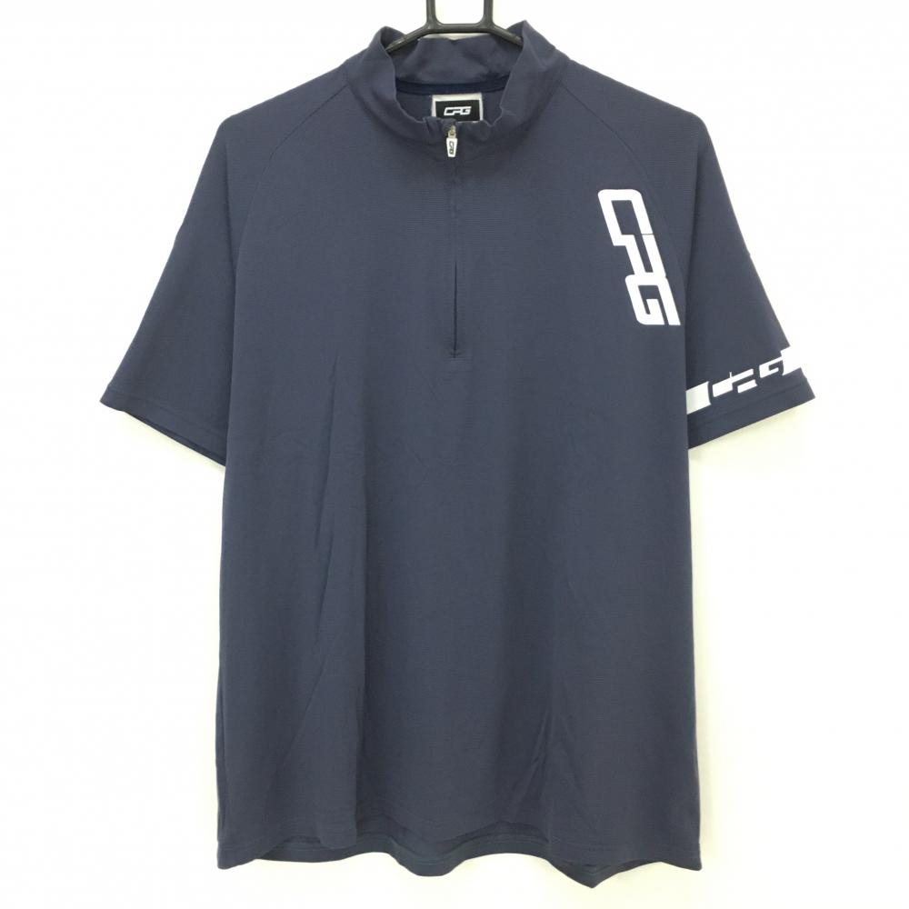 【美品】CPG 半袖ハイネックシャツ ネイビー系 ハーフジップ ロゴプリント メンズ XL ゴルフウェア CPG
